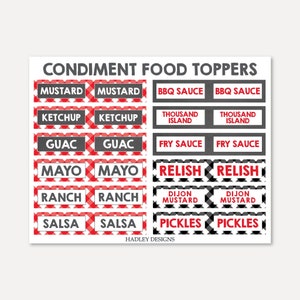 Pode incluir: Etiquetas imprimíveis para condimentos de comida. As etiquetas são vermelhas, pretas e brancas com um padrão xadrez. As etiquetas incluem os seguintes condimentos: mostarda, molho BBQ, ketchup, molho mil ilhas, guacamole, molho para fritar, maionese, molho, rancho, mostarda Dijon, salsa e picles.