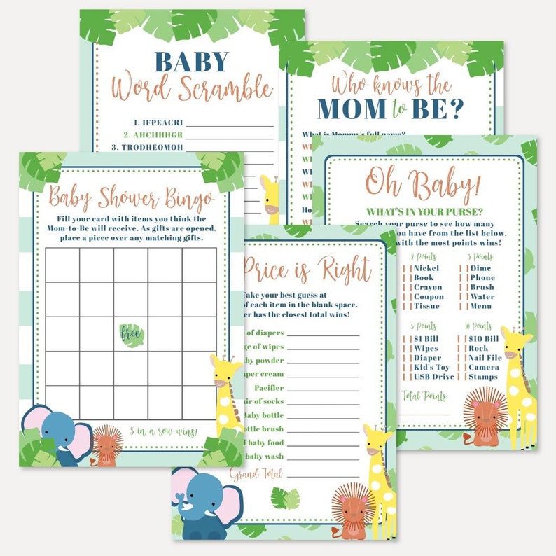 Whats In Your Purse Who Knows Mommy Best The Price Is Right Word Scramble Bingo Safari Baby Shower Game Set Templates