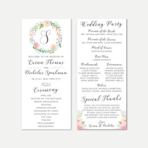 May include: Wedding ceremony programme with a floral wreath design. The programme includes the names of the bride and groom, Quinn Thomas and Nicholas Speakman, and the wedding party. The programme also includes the ceremony order and special thanks.
