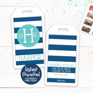 May include: Two white luggage tags with blue and white stripes. The top tag has a turquoise circle with the letter "H" in white and the text "HARPER" below. The bottom tag has the text "HARPER HADLEY, 929 TULIP DRIVE, AUSTIN, TX 77039, 817-323-9004, holly designs".