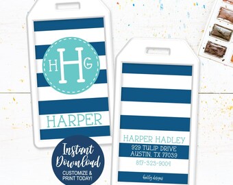 Navy Luggage Tag Template, Blue Stripes Suitcase Tags Insert PDF, Custom Travel Name Label, Tags for Cruises, Digital Travel Gift Printable