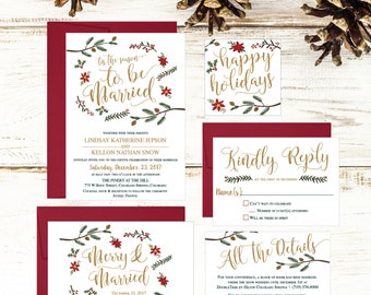 Christmas Wedding Invitation Template, Winter Rustic Printable Invite Suite, Editable Text Instant Download DIY Holiday Invites Set PDF