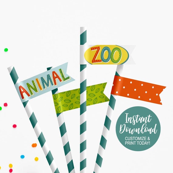 Zoo Straw Flags Printable Party Decorations Zoo Party Ideas Etsy