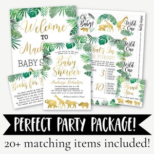 Carte di previsione per bambini, Invito modificabile per Gold Safari, Richiesta di libro per baby shower, E-mail di invito per baby shower, Pacchetto giochi per baby shower