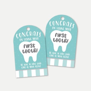 Etiqueta de regalo del hada de los dientes imprimible, plantilla de etiqueta de bolsa perdida del primer diente editable, ideas de regalo para dientes de bebé, mensaje de tarjeta de etiqueta colgante de caja de hada de los dientes