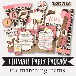Cowgirl Kids Party compleet pakket sjablonen - uitnodiging, borden, banner, strovlaggen, bedankkaart invullen, gunsttag, decor