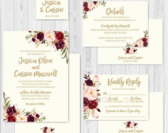 May include: Wedding invitation suite with burgundy and blush floral designs. The invitation features the names "Jessica Olsen" and "Carson Maxwell" with the date "April 20, 2019". The RSVP card includes a "Kindly Reply" heading and a checkbox for accepting or declining the invitation.