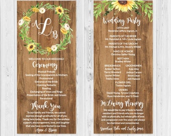 May include: A rustic wooden wedding ceremony and reception program with sunflowers and greenery. The ceremony program includes the order of events, such as the musical prelude, seating of the grandparents and mothers, processional, entrance of the bride, opening remarks, reading, exchanging of vows and rings, presentation of the bride and groom, and recessional. The reception program includes the wedding party, ushers, and a section for in loving memory. The text "Anna & Brian" is at the bottom of the ceremony program. The text "Grendee Duke and Emily Jones" is at the bottom of the reception program.
