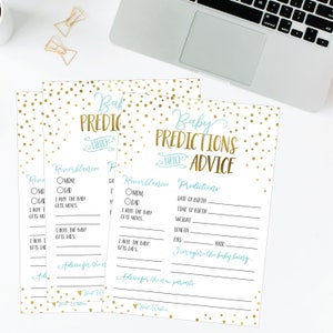 Jeu de prédiction de bébé bleu moderne, cartes de conseils pour bébé, cartes de prédiction de douche de bébé, prédiction de sexe de bébé, prédictions et conseils de douche de bébé
