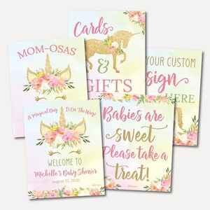 Gold Glitter Unicorn Baby Shower Signs Set Templates - Mimosa Bar, Welkom, Baby's zijn zoet neem een traktatie, kaarten en geschenken, aangepaste