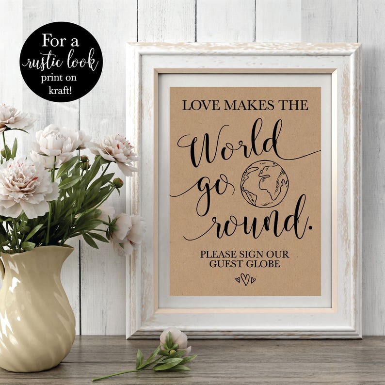 Love Makes the World Go Round, Guest Globe Wedding Sign, Rustic Table Sign, In Lieu of Guestbook, Printable Decor, DIY Instant Download image 2