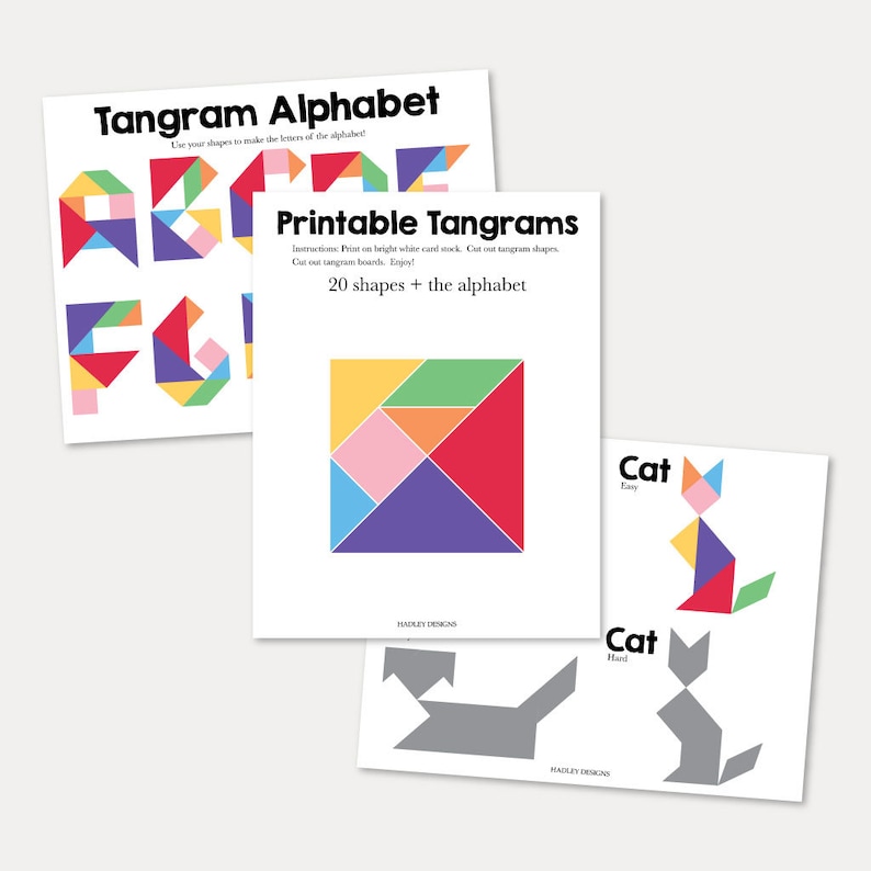 May include: Printable tangram puzzle set with instructions to make letters of the alphabet and a cat shape. The tangram pieces are colorful and the cat shapes are in gray.