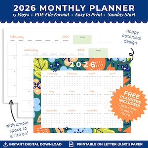 Calendario mensual imprimible 2026, planificador digital 2026, planificador floral botánico, tamaño carta A4 para un paquete de productividad.
