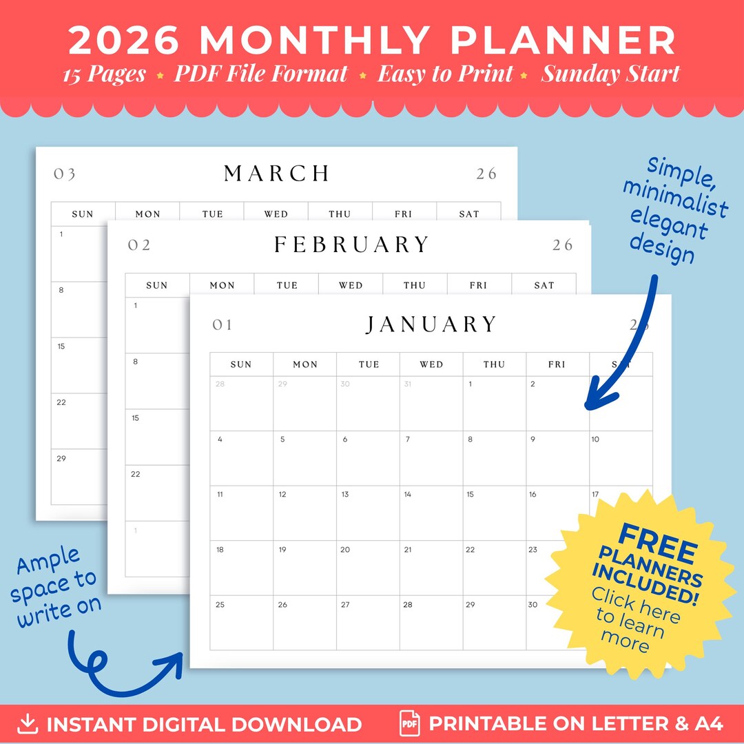 2026 Monthly Calendar Printable 2026 Digital Planner Simple Minimalist
