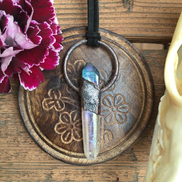 Angel Aura pendant topped with Aqua aura on vegan suede cord, aura quartz, quartz crystal, handmade jewelry