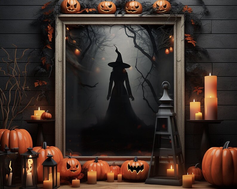 May include: A framed picture of a witch standing in a dark forest, surrounded by lit candles and pumpkins. The frame is decorated with fall foliage and pumpkins.