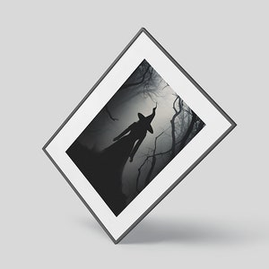 May include: A black and white photograph of a witch in a forest. The witch is wearing a long dress and a pointed hat. The forest is dark and foggy.