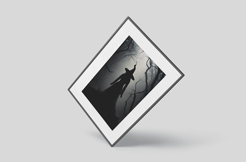 May include: A black and white photograph of a witch in a forest. The witch is wearing a long dress and a pointed hat. The forest is dark and foggy.