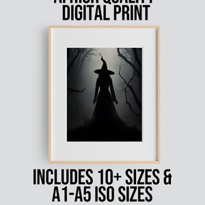 May include: A digital print of a silhouette of a witch in a forest. The witch is wearing a pointed hat and a long dress. The forest is dark and foggy. The print is available in multiple sizes.