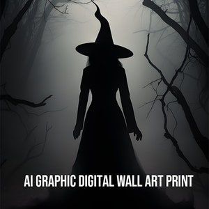 May include: A silhouette of a witch wearing a black pointed hat and long dress, walking through a dark and foggy forest. AI Graphic Digital Wall Art Print.