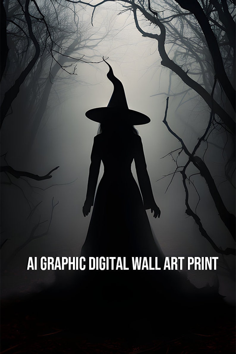 May include: A silhouette of a witch wearing a black pointed hat and long dress, walking through a dark and foggy forest. AI Graphic Digital Wall Art Print.