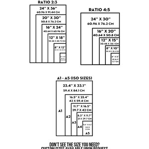 May include: A chart showing different sizes of digital downloads available in inches and centimeters. The chart includes ratios 2:3 and 4:5, as well as ISO sizes A1 through A5. The text "Don't see the size you need? Custom sizes available upon request" is at the bottom of the chart.