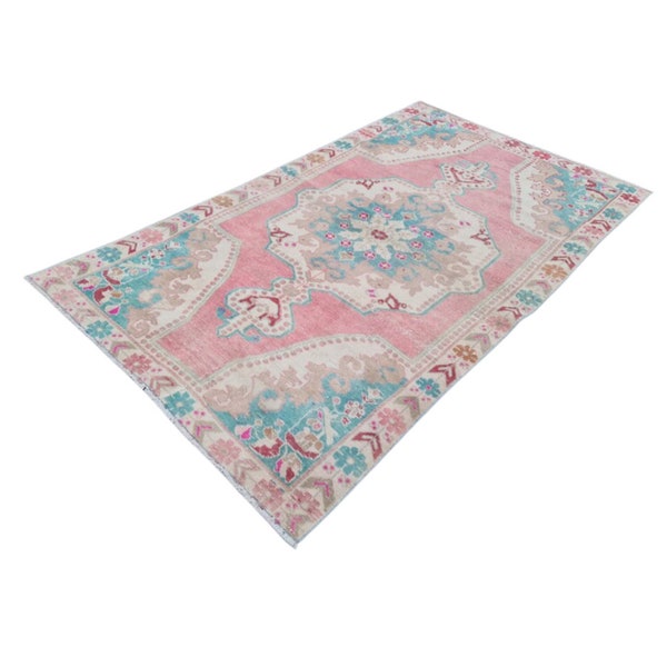 Pink and Teal Vintage Turkish Rug