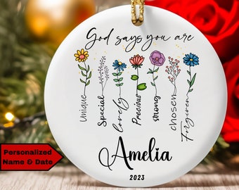 Personalized Christian Christmas Ornament for Mom Daughter Grandma Christian Gift for Her Bible Verse Religious Church Gift Wild Flower Gift