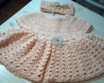 Crocheted Baby Dress for Spring, Easter, 0-4 Months in Peach