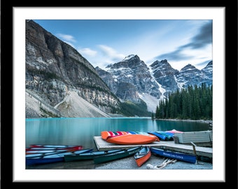 Canoes and Mountains Photograph; Moraine Lake, Banff, AB, Canada (Fine art photo of various sizes incl. 8x10, 11x14 & small/large/XL prints)