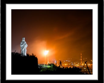 Fire and Christ on a Havana Night; Fortaleza, Havana, Cuba (Fine art photos of various sizes including 8x10, 11x14 & small/large prints)