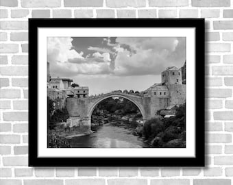 Stari Most Bridge Print, Black and White Mostar Bosnia & Herzegovina Photography (Unframed)