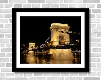 Chain Bridge at Night in Budapest, Photograph; Budapest, Hungary (Fine art photo, various sizes including 8x10, 11x14 & small/large prints)
