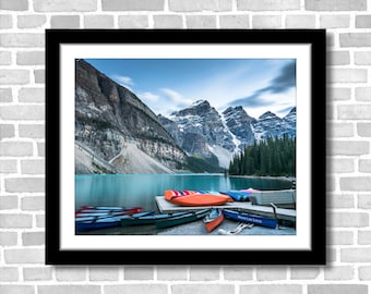 Canoes and Mountains Photograph; Moraine Lake, Banff, AB, Canada (Fine art photo of various sizes incl. 8x10, 11x14 & small/large/XL prints)