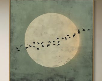 Full Moon and Birds Landscape Painting Green and Beige Abstract Minimal Wall Art on Canvas Wabi Sabi Interior Style for Bedroom or Entryway