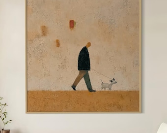 Abstract Wabi Sabi Man and Dog Walking Art, Minimalist Portrait Acrylic Painting, Earth Tone Neutral Canvas Wall Art for Modern Home Decor