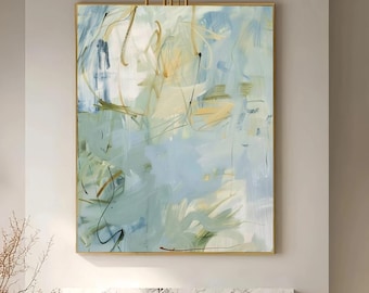 Large Soft Blue Green Abstract Oil Painting Modern Minimalist Canvas Wall Art Contemporary Textured Artwork For Living Room Bedroom Decor