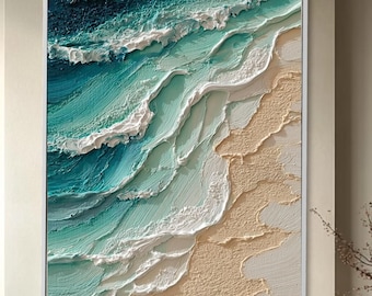 Arte de pared costero abstracto con textura de olas del océano, turquesa, mar y arena, pintura minimalista moderna, regalo para amantes de la playa, decoración del hogar neutra