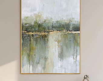 Large Abstract Landscape Oil Painting Green Lake Reflection Canvas Wall Art Modern Nature Inspired Decor Living Room Artwork Gift For Couple