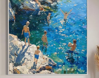 Scena impressionista di bambini che nuotano nell'oceano in acque cristalline. Dipinto ad olio. Regalo perfetto per gli amanti della spiaggia. Decorazione per la casa in stile costiero.