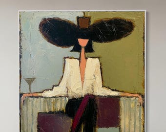 Pintura al óleo de figura abstracta, retrato de mujer moderna, arte contemporáneo sobre lienzo texturizado, decoración minimalista para pared, arte neutro para el hogar, regalo