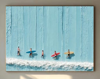Cuadro texturizado de olas del océano, arte mural minimalista de gran tamaño, paisaje costero azul, decoración moderna para el hogar, pieza destacada, regalo para propietarios de casas de playa.