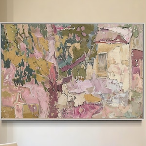 Abstract roze groen muurkunst groot canvas schilderij getextureerd landschap neutraal modern decor panoramisch kunstwerk cadeau voor stel Nieuwe woning