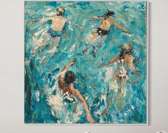Swimming People Abstract Canvas Modern Wall Art Blue Minimalist Nature Painting Contemporary Home Decor Tranquil Gift For Art Lovers