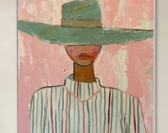 Abstract Woman Portrait Painting | Textured Female Wall Art | Modern Hat Lady Canvas | Pink Green Minimalist Artwork | Gift for Her Wife Mom