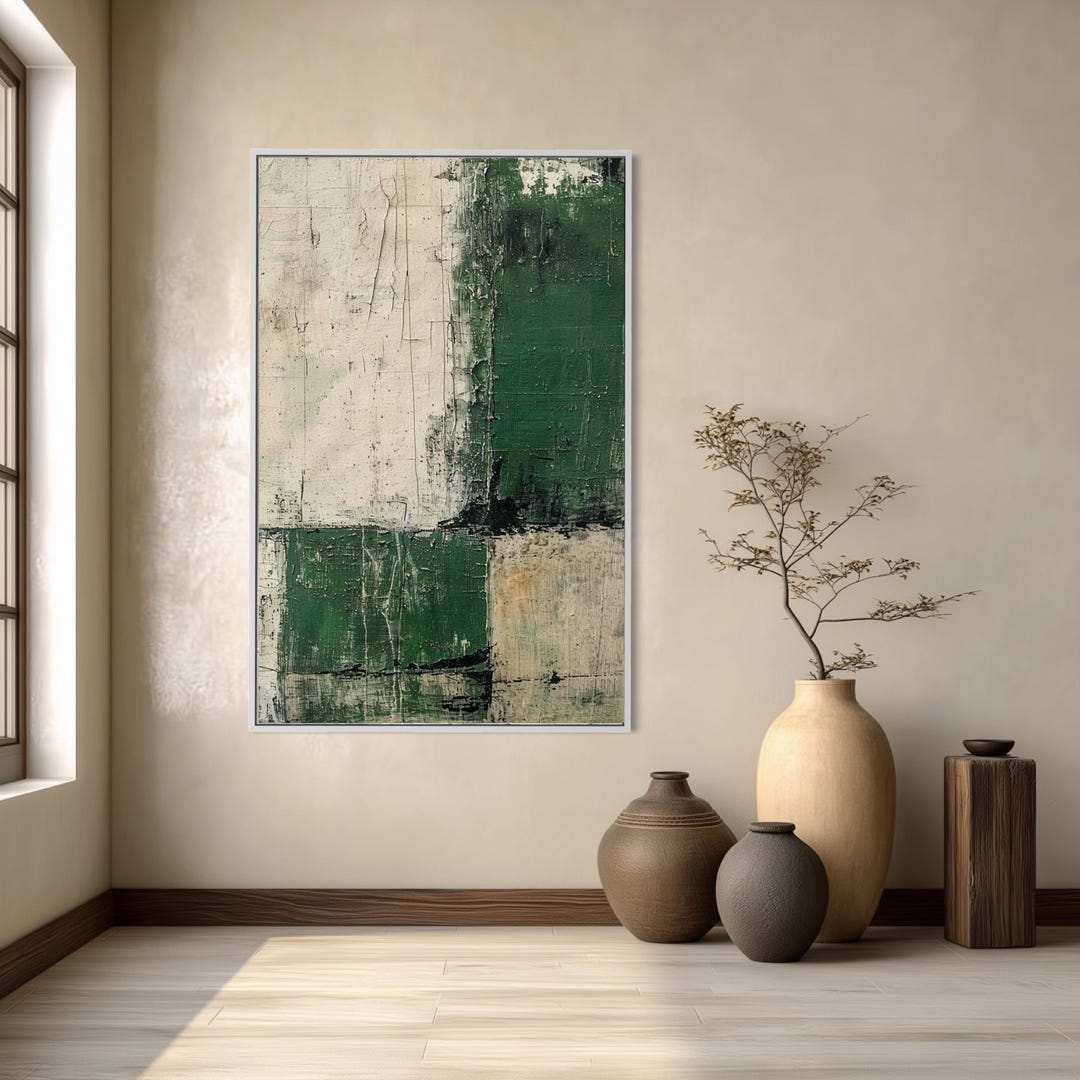 Minimalist Green Abstract Canvas Textured Beige Neutral Wall Art Modern ...