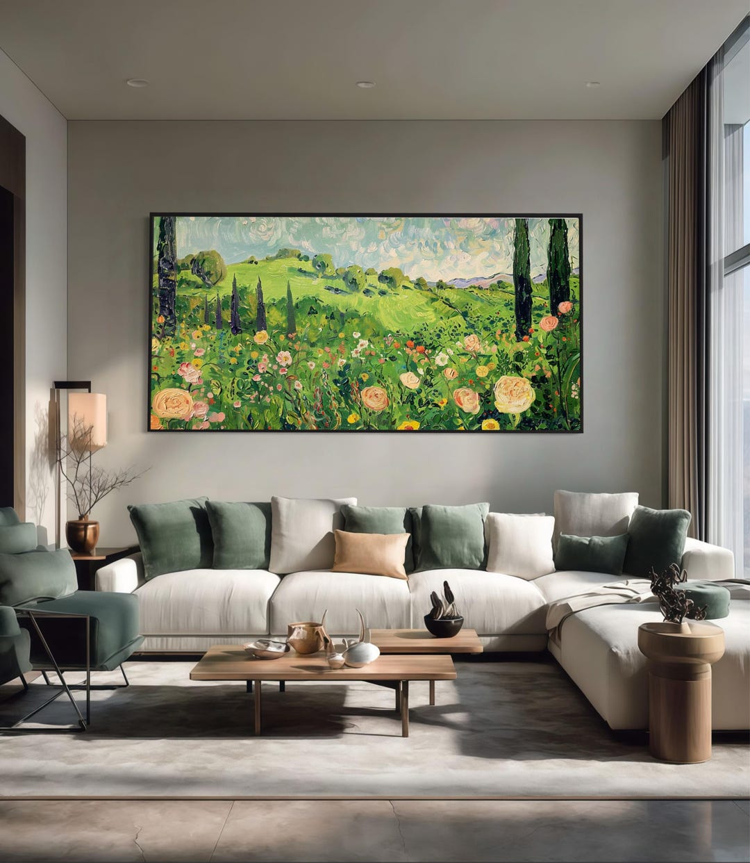 Panoramic Green Landscape Oil Painting Flower Garden Meadow Wall Art ...