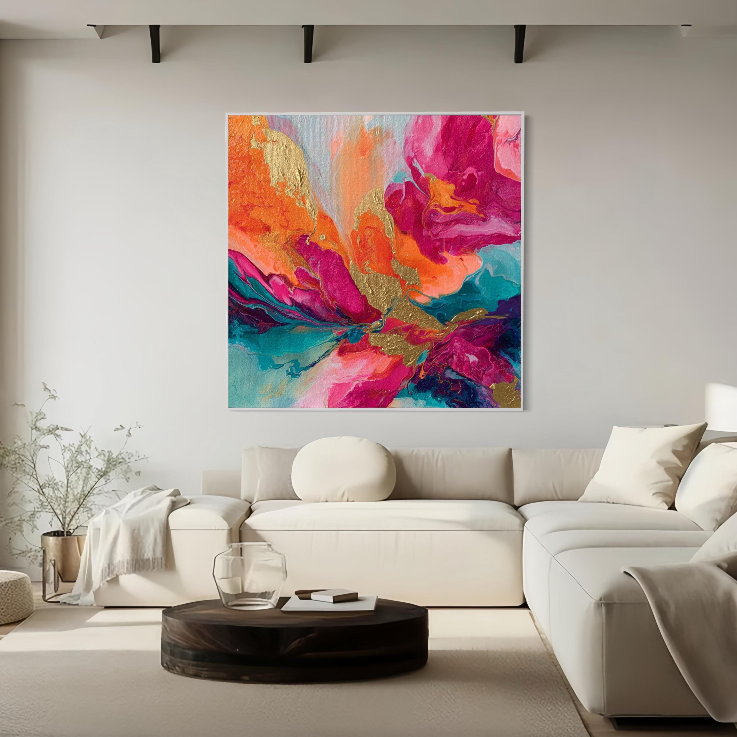 Large Vibrant Abstract Color Field Painting Gold Pink Orange Teal ...