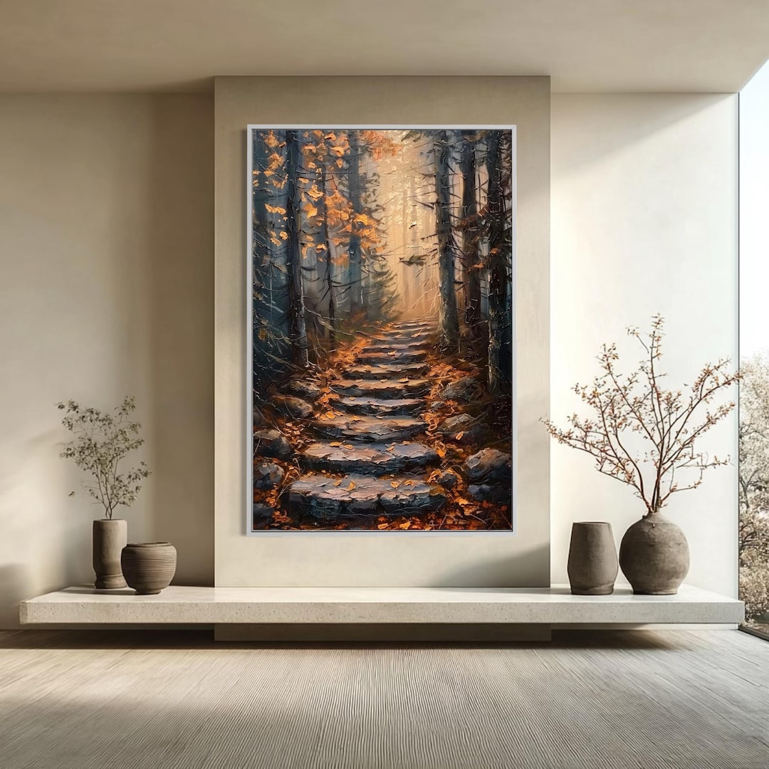 Autumn Forest Path Wall Art Golden Light Woodland Landscape Oil ...