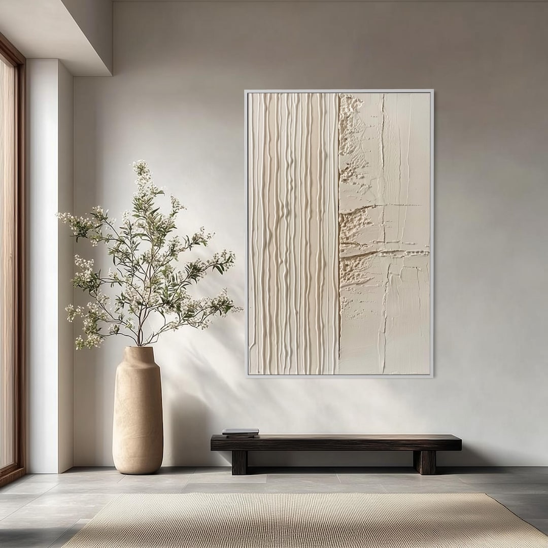 Large Cream Textured Abstract Canvas Wall Art Minimalist Plaster ...